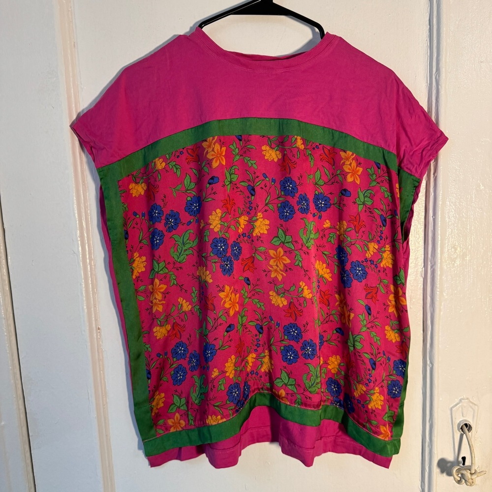 Escada Sport Hot Pink Floral‎ Top S Whimsical Scarf Print Garden Party Designer